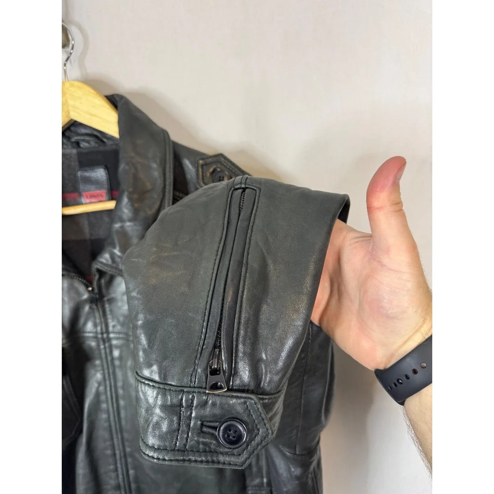 Levis Mens Genuine Leather Cafe Jacket Black Plaid Lined Full Zip Epaulettes XXL